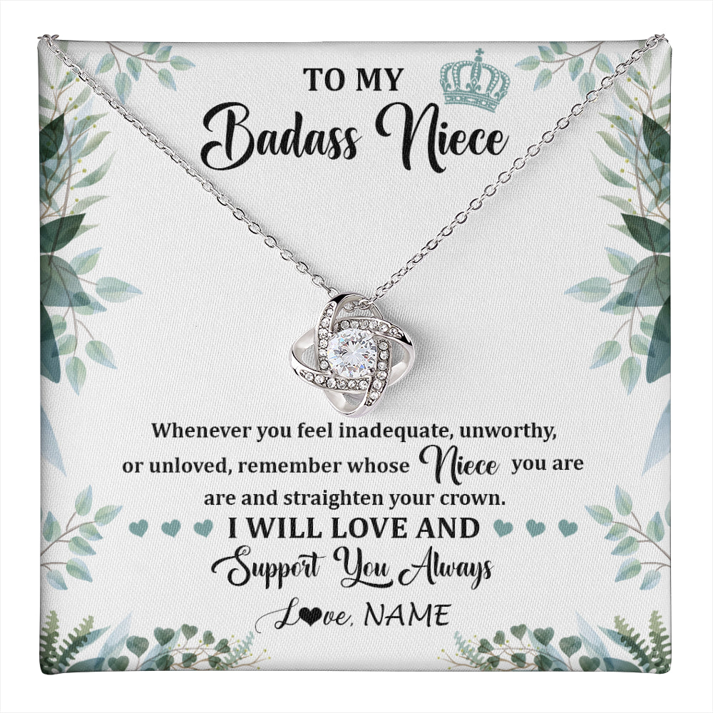 Love Knot Necklace 14K White Gold Finish | 1 | Personalized To My Badass Niece Necklace From Aunt Uncle Straighten Your Crown Niece Birthday Jewelry Graduation Christmas Customized Gift Box Message Card | teecentury