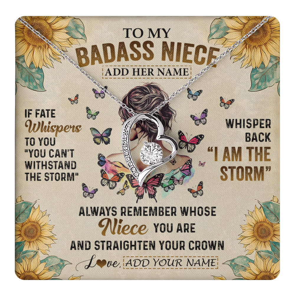 Forever Love Necklace 14K White Gold Finish | 1 | Personalized To My Badass Niece Necklace From Uncle Aunt Auntie I Am The Storm Niece Gifts Birthday Graduation Christmas Customized Gift Box Message Card | teecentury