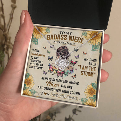 Love Knot Necklace 14K White Gold Finish | 2 | Personalized To My Badass Niece Necklace From Uncle Aunt Auntie I Am The Storm Niece Gifts Birthday Graduation Christmas Customized Gift Box Message Card | teecentury