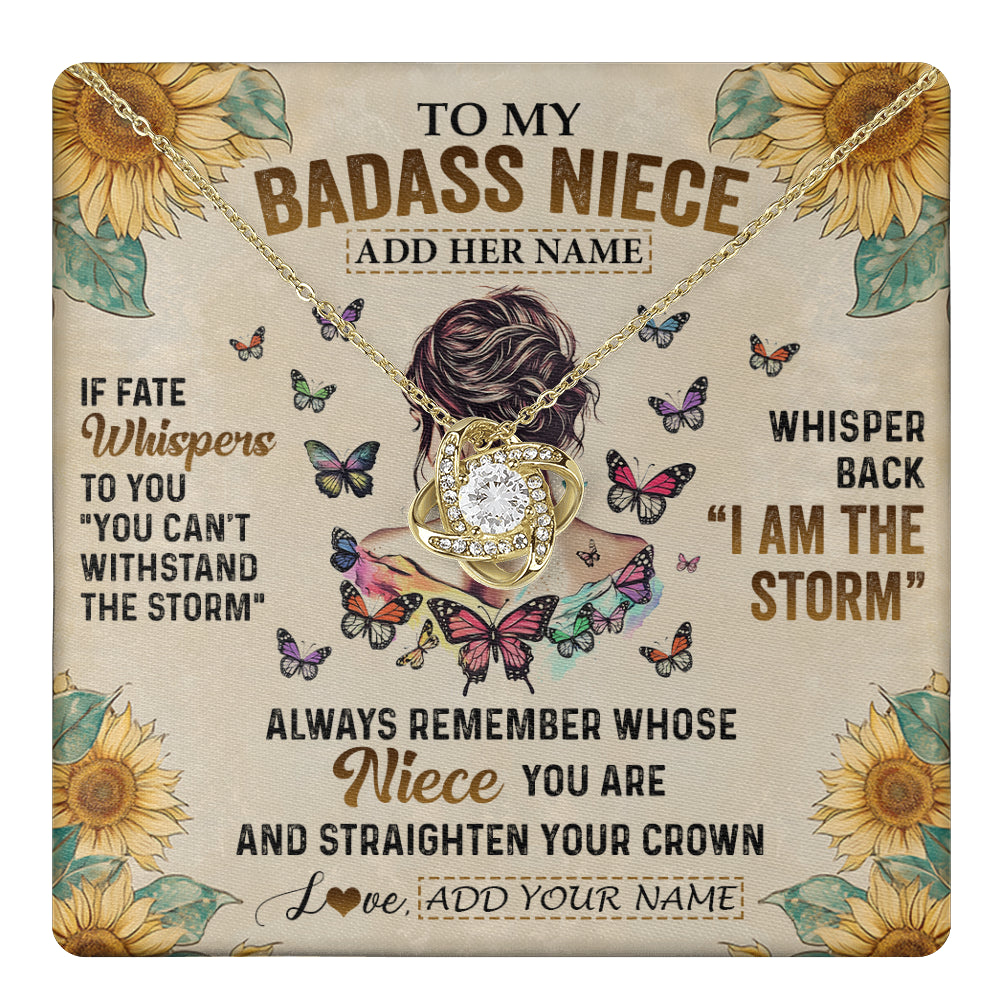 Love Knot Necklace 18K Yellow Gold Finish | 1 | Personalized To My Badass Niece Necklace From Uncle Aunt Auntie I Am The Storm Niece Gifts Birthday Graduation Christmas Customized Gift Box Message Card | teecentury