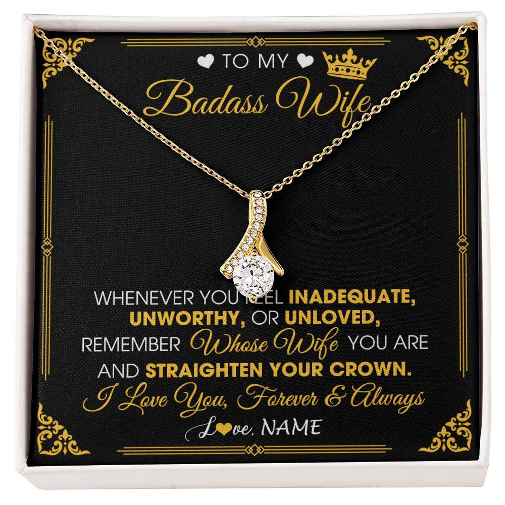 Alluring Beauty Necklace 18K Yellow Gold Finish | 1 | Personalized To My Badass Wife Necklace From Husband Crown I Love You Wife Birthday Anniversary Wedding Valentines Day Jewelry Customized Gift Box Message Card | teecentury