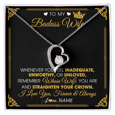 Forever Love Necklace 14K White Gold Finish | 1 | Personalized To My Badass Wife Necklace From Husband Crown I Love You Wife Birthday Anniversary Wedding Valentines Day Jewelry Customized Gift Box Message Card | teecentury