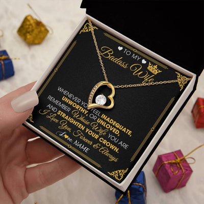 Forever Love Necklace 18K Yellow Gold Finish | 2 | Personalized To My Badass Wife Necklace From Husband Crown I Love You Wife Birthday Anniversary Wedding Valentines Day Jewelry Customized Gift Box Message Card | teecentury