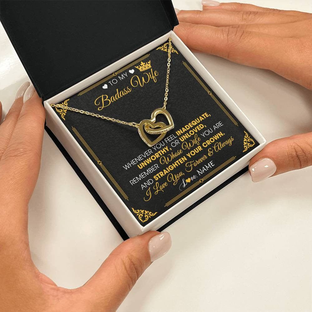 Interlocking Hearts Necklace 18K Yellow Gold Finish | 2 | Personalized To My Badass Wife Necklace From Husband Crown I Love You Wife Birthday Anniversary Wedding Valentines Day Jewelry Customized Gift Box Message Card | teecentury