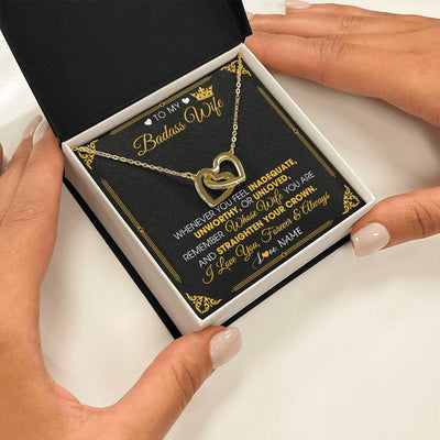 Interlocking Hearts Necklace 18K Yellow Gold Finish | 2 | Personalized To My Badass Wife Necklace From Husband Crown I Love You Wife Birthday Anniversary Wedding Valentines Day Jewelry Customized Gift Box Message Card | teecentury