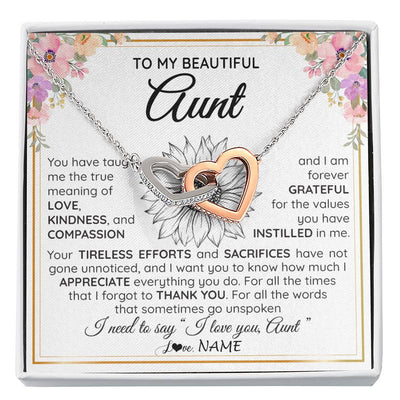 Interlocking Hearts Necklace Stainless Steel & Rose Gold Finish | Personalized To My Beautiful Aunt From Niece Nephew Necklace Say I Love You Aunt Birthday Mothers Day Christmas Jewelry Customized Gift Box Message Card | teecentury