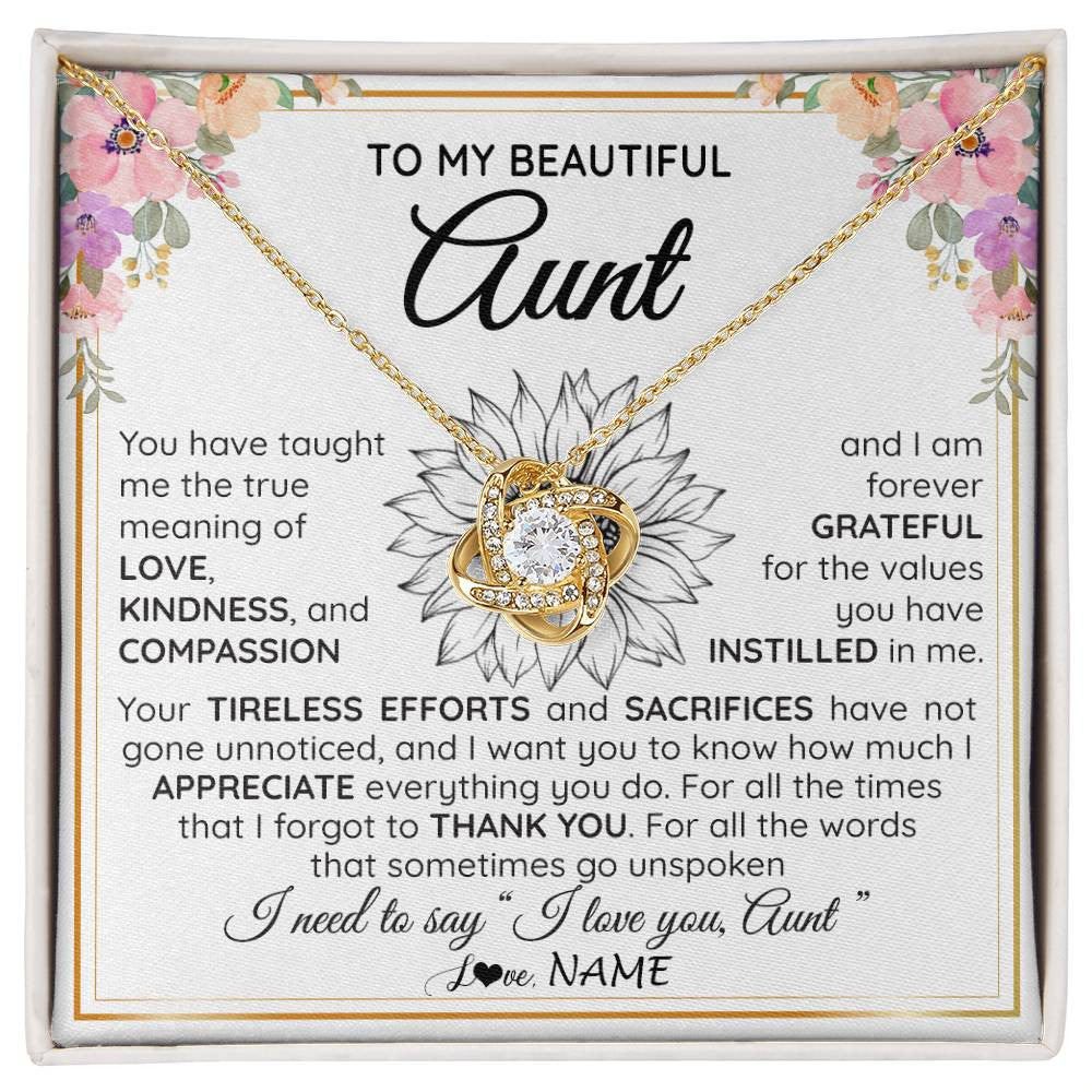 Love Knot Necklace 18K Yellow Gold Finish | Personalized To My Beautiful Aunt From Niece Nephew Necklace Say I Love You Aunt Birthday Mothers Day Christmas Jewelry Customized Gift Box Message Card | teecentury