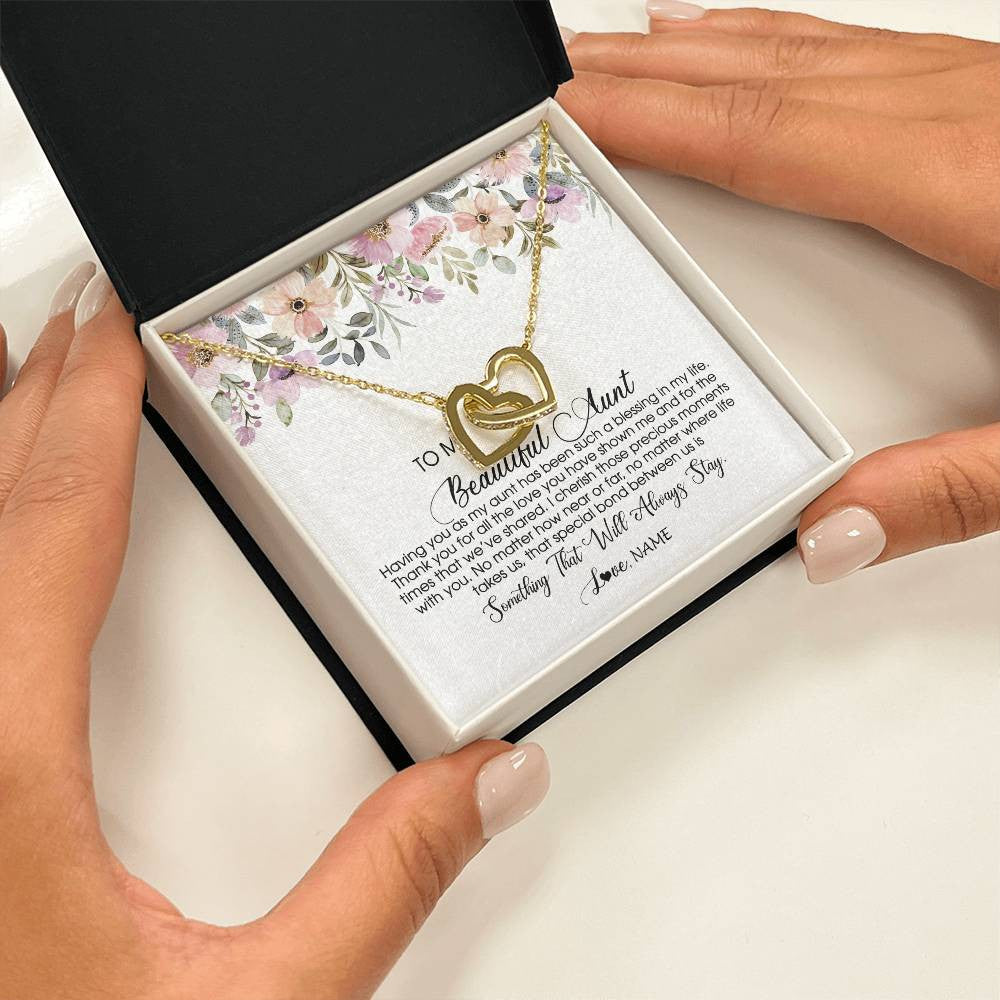 Interlocking Hearts Necklace 18K Yellow Gold Finish | Personalized To My Beautiful Aunt Necklace From Niece Nephew Having You As My Aunt Auntie Birthday Mothers Day Christmas Customized Gift Box Message Card | teecentury