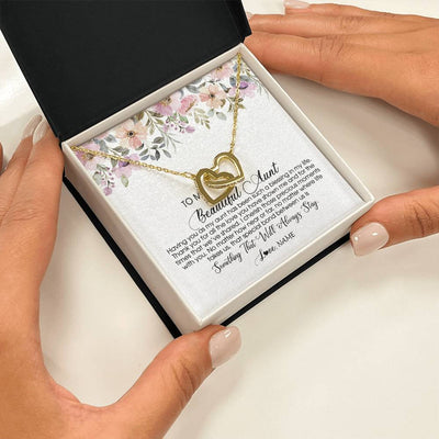 Interlocking Hearts Necklace 18K Yellow Gold Finish | Personalized To My Beautiful Aunt Necklace From Niece Nephew Having You As My Aunt Auntie Birthday Mothers Day Christmas Customized Gift Box Message Card | teecentury
