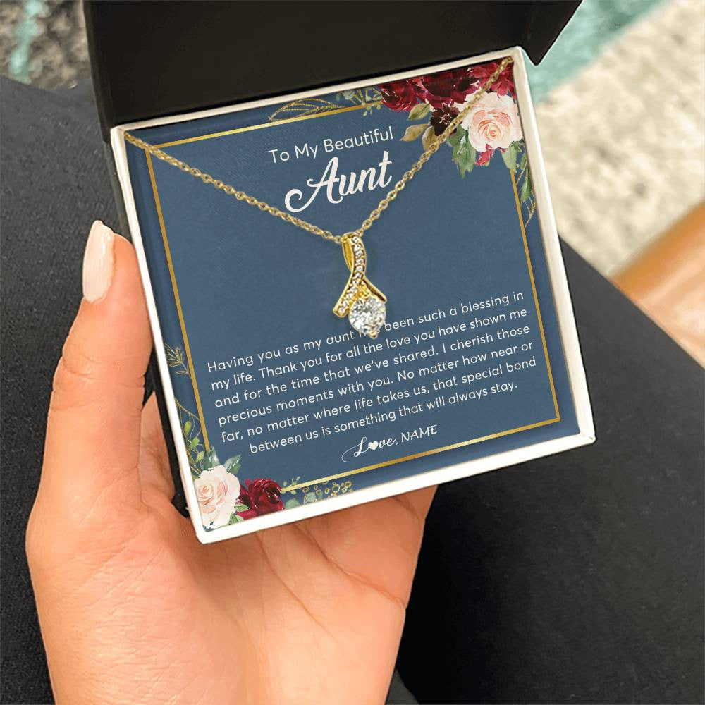 Alluring Beauty Necklace 18K Yellow Gold Finish | Personalized To My Beautiful Aunt Necklace From Niece Nephew Thank You For All The Love Aunt Jewelry Birthday Christmas Customized Gift Box Message Card | teecentury