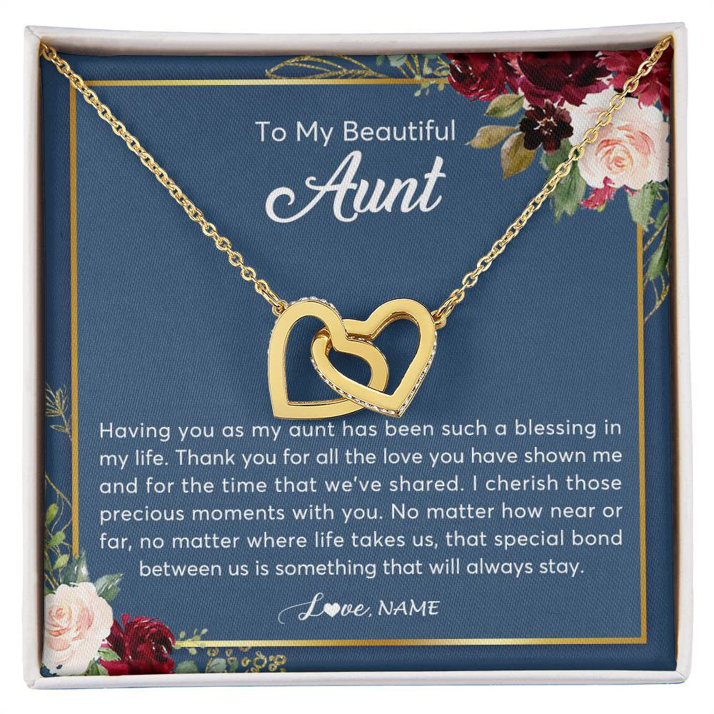 Interlocking Hearts Necklace 18K Yellow Gold Finish | Personalized To My Beautiful Aunt Necklace From Niece Nephew Thank You For All The Love Aunt Jewelry Birthday Christmas Customized Gift Box Message Card | teecentury