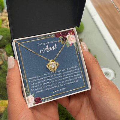 Love Knot Necklace 18K Yellow Gold Finish | Personalized To My Beautiful Aunt Necklace From Niece Nephew Thank You For All The Love Aunt Jewelry Birthday Christmas Customized Gift Box Message Card | teecentury