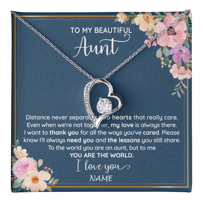 Forever Love Necklace 14K White Gold Finish | 1 | Personalized To My Beautiful Aunt Necklace From Niece Nephew You Are The World Aunt Birthday Mothers Day Christmas Jewelry Customized Gift Box Message Card | teecentury
