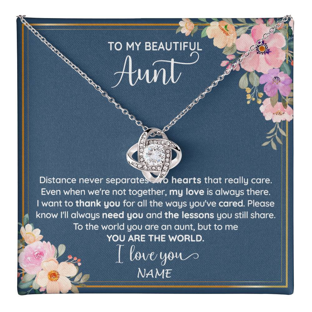 Love Knot Necklace 14K White Gold Finish | 1 | Personalized To My Beautiful Aunt Necklace From Niece Nephew You Are The World Aunt Birthday Mothers Day Christmas Jewelry Customized Gift Box Message Card | teecentury