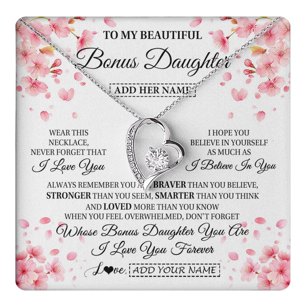 Forever Love Necklace 14K White Gold Finish | 1 | Personalized To My Beautiful Bonus Daughter From Stepdad Stepmom Necklace Never Forget Birthday Gifts For Stepdaughter Gift Christmas Gift Box Message Card | teecentury.myshopify