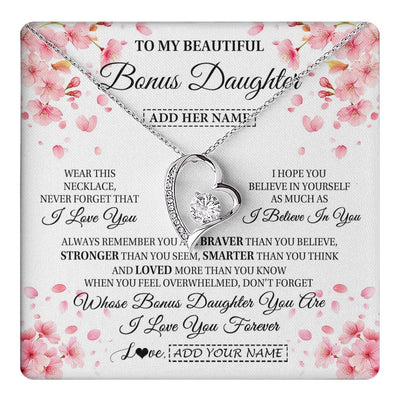 Forever Love Necklace 14K White Gold Finish | 1 | Personalized To My Beautiful Bonus Daughter From Stepdad Stepmom Necklace Never Forget Birthday Gifts For Stepdaughter Gift Christmas Gift Box Message Card | teecentury.myshopify
