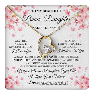Forever Love Necklace 18K Yellow Gold Finish | 1 | Personalized To My Beautiful Bonus Daughter From Stepdad Stepmom Necklace Never Forget Birthday Gifts For Stepdaughter Gift Christmas Gift Box Message Card | teecentury.myshopify