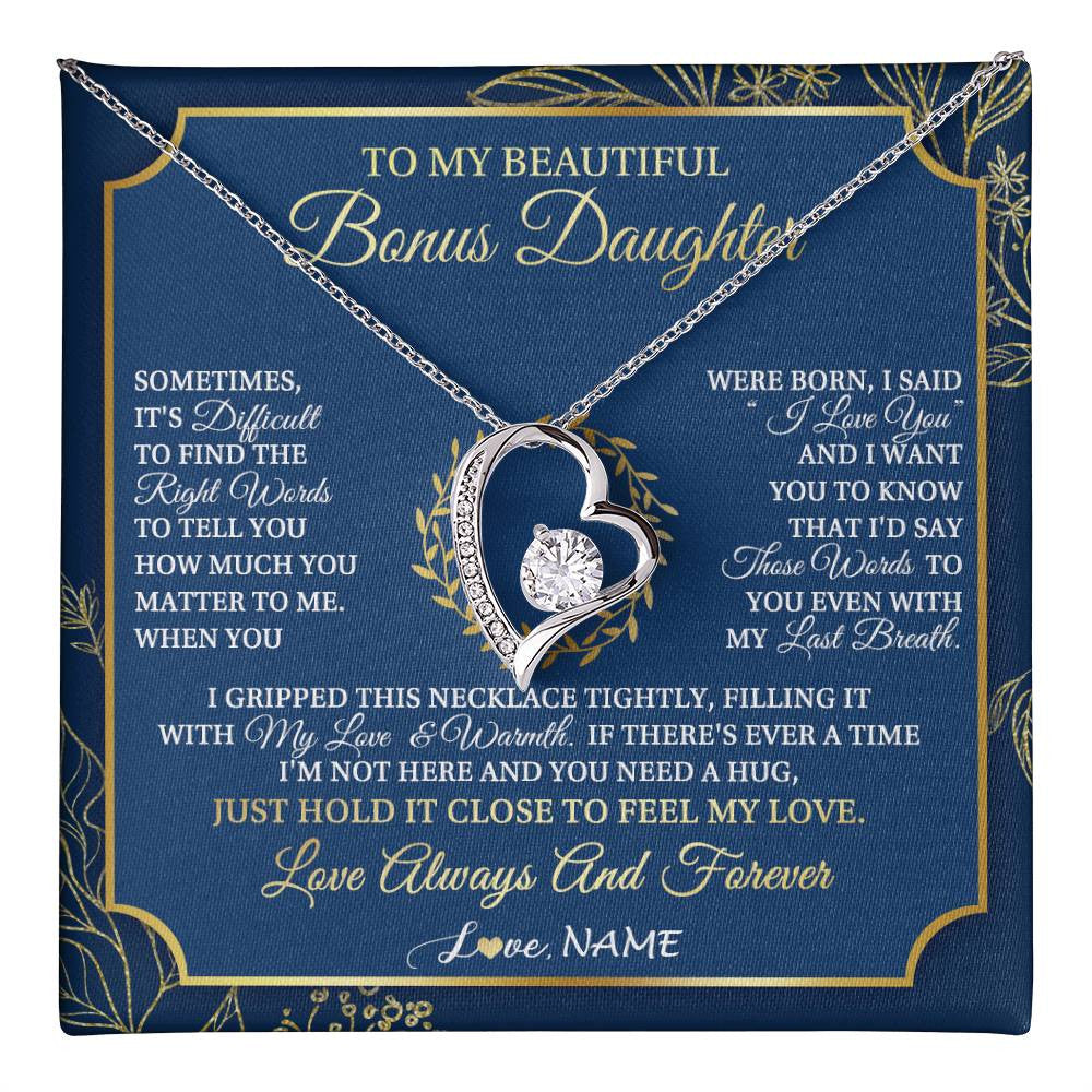 Forever Love Necklace 14K White Gold Finish | 1 | Personalized To My Beautiful Bonus Daughter From Stepmom Dad I Gripped This Necklace Jewelry Birthday Gifts Christmas Customized Gift Box Message Card | teecentury