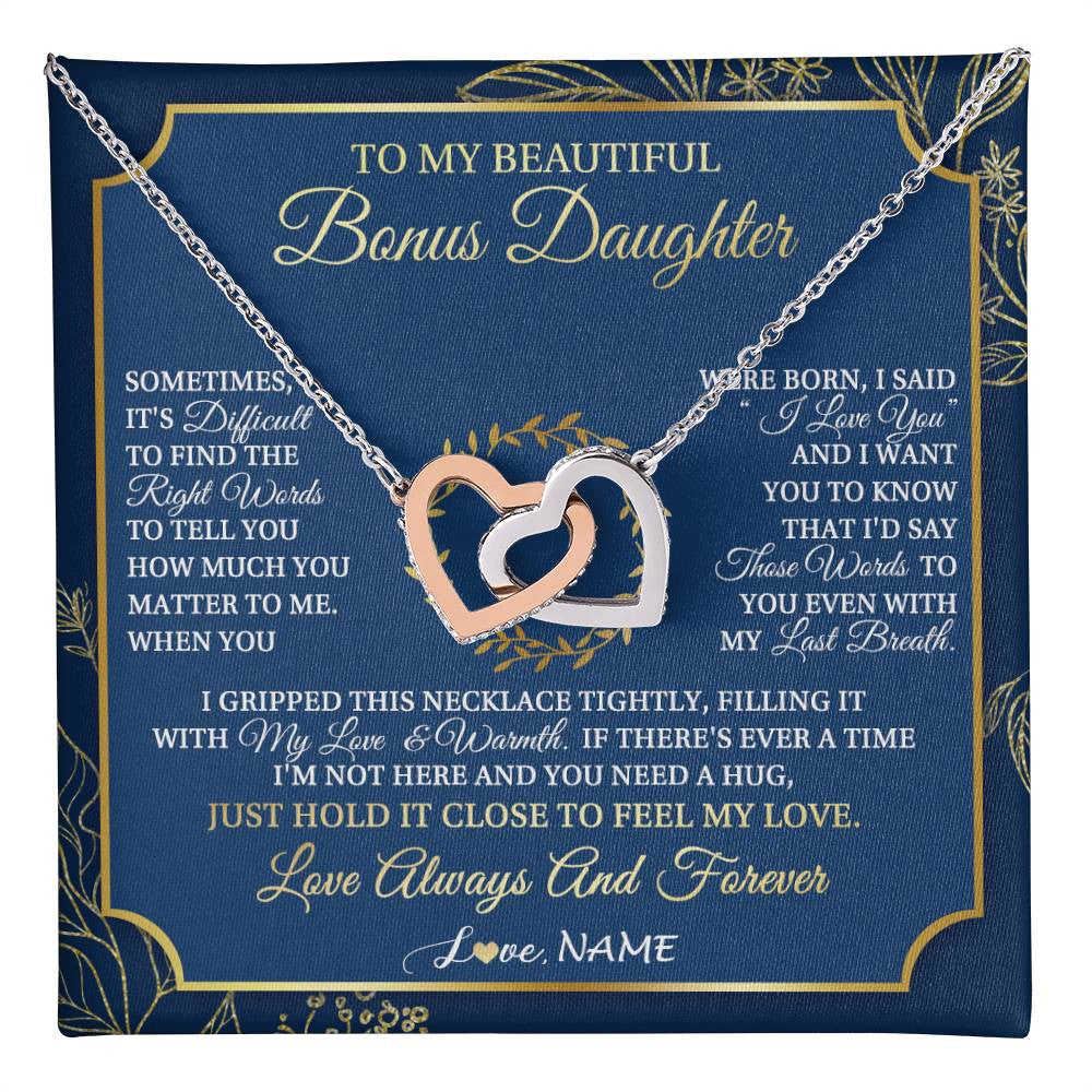 Interlocking Hearts Necklace Stainless Steel & Rose Gold Finish | 1 | Personalized To My Beautiful Bonus Daughter From Stepmom Dad I Gripped This Necklace Jewelry Birthday Gifts Christmas Customized Gift Box Message Card | teecentury