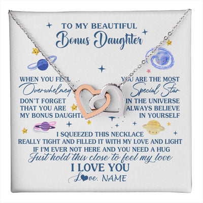 Interlocking Hearts Necklace Stainless Steel & Rose Gold Finish | 1 | Personalized To My Beautiful Bonus Daughter Gifs From Bonus Mom Necklace Inspirational Stepddaughter Birthday Gifts Christmas Customized Gift Box Message Card | teecentury
