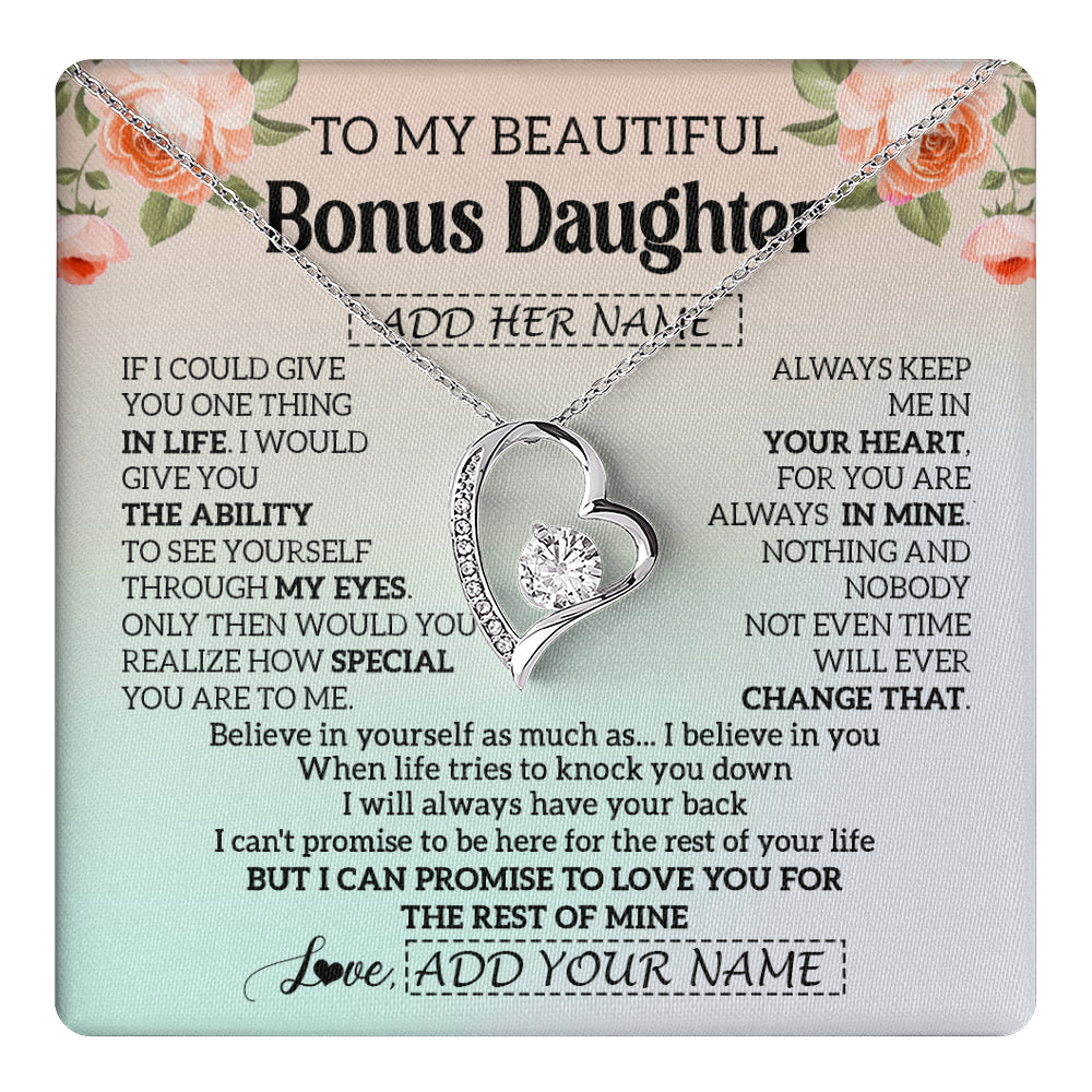 Forever Love Necklace 14K White Gold Finish | 1 | Personalized To My Beautiful Bonus Daughter Gifts Necklace From Step Mom Love Jewelry For Stepddaughter Birthday Christmas Customized Gift Box Message Card | teecentury