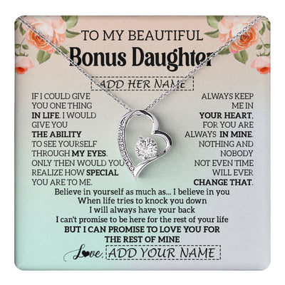 Forever Love Necklace 14K White Gold Finish | 1 | Personalized To My Beautiful Bonus Daughter Gifts Necklace From Step Mom Love Jewelry For Stepddaughter Birthday Christmas Customized Gift Box Message Card | teecentury