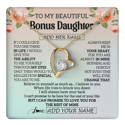 Forever Love Necklace 18K Yellow Gold Finish | 1 | Personalized To My Beautiful Bonus Daughter Gifts Necklace From Step Mom Love Jewelry For Stepddaughter Birthday Christmas Customized Gift Box Message Card | teecentury