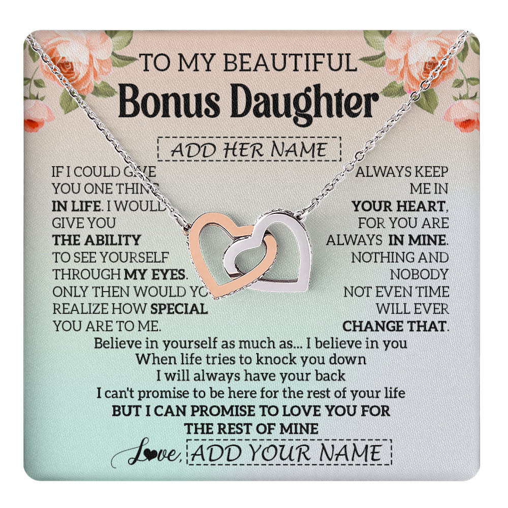 Interlocking Hearts Necklace Stainless Steel & Rose Gold Finish | 1 | Personalized To My Beautiful Bonus Daughter Gifts Necklace From Step Mom Love Jewelry For Stepddaughter Birthday Christmas Customized Gift Box Message Card | teecentury