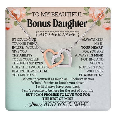 Interlocking Hearts Necklace Stainless Steel & Rose Gold Finish | 1 | Personalized To My Beautiful Bonus Daughter Gifts Necklace From Step Mom Love Jewelry For Stepddaughter Birthday Christmas Customized Gift Box Message Card | teecentury