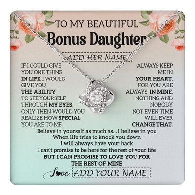 Love Knot Necklace 14K White Gold Finish | 1 | Personalized To My Beautiful Bonus Daughter Gifts Necklace From Step Mom Love Jewelry For Stepddaughter Birthday Christmas Customized Gift Box Message Card | teecentury