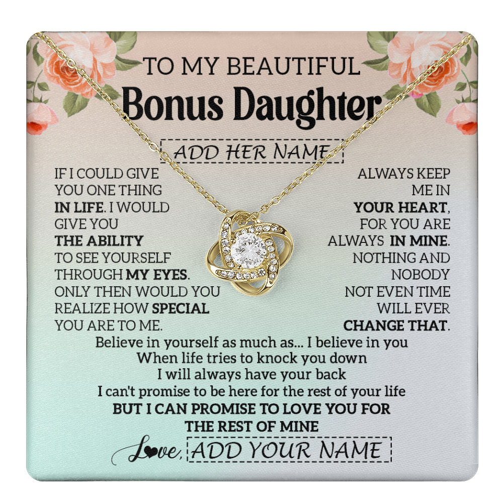 Love Knot Necklace 18K Yellow Gold Finish | 1 | Personalized To My Beautiful Bonus Daughter Gifts Necklace From Step Mom Love Jewelry For Stepddaughter Birthday Christmas Customized Gift Box Message Card | teecentury