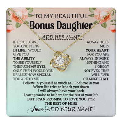 Love Knot Necklace 18K Yellow Gold Finish | 1 | Personalized To My Beautiful Bonus Daughter Gifts Necklace From Step Mom Love Jewelry For Stepddaughter Birthday Christmas Customized Gift Box Message Card | teecentury