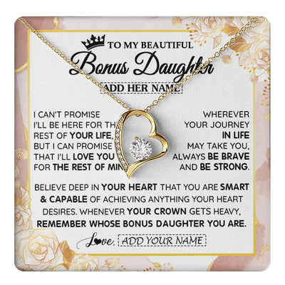 Forever Love Necklace 18K Yellow Gold Finish | 1 | Personalized To My Beautiful Bonus Daughter Gifts Necklace From Stepmom Stepdad Crown Jewelry Present On Birthday Stepdaughter Christmas Gift Box Message Card | https://teecentury.