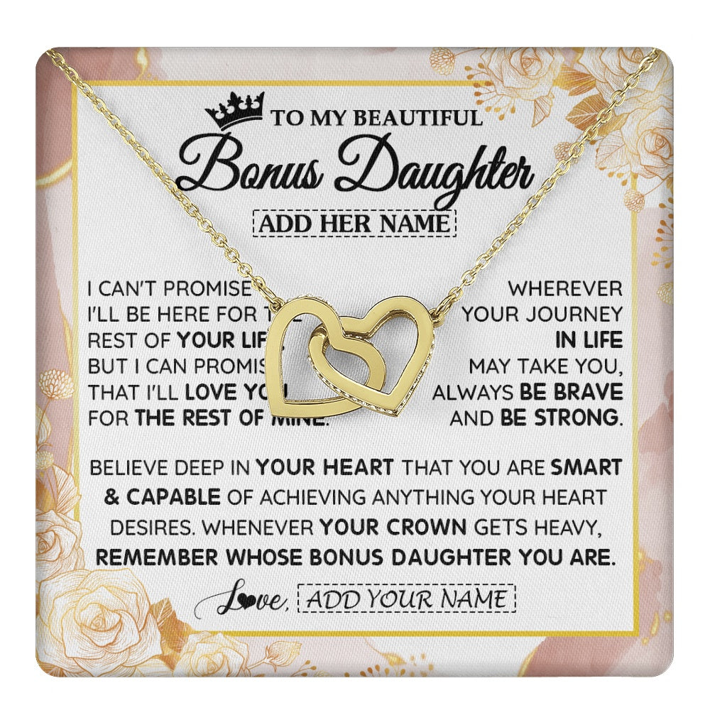 Interlocking Hearts Necklace 18K Yellow Gold Finish | 1 | Personalized To My Beautiful Bonus Daughter Gifts Necklace From Stepmom Stepdad Crown Jewelry Present On Birthday Stepdaughter Christmas Gift Box Message Card | https://teecentury.