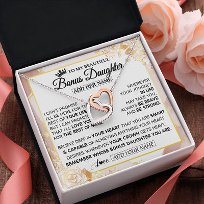 Interlocking Hearts Necklace Stainless Steel & Rose Gold Finish | 2 | Personalized To My Beautiful Bonus Daughter Gifts Necklace From Stepmom Stepdad Crown Jewelry Present On Birthday Stepdaughter Christmas Gift Box Message Card | https://teecentury.