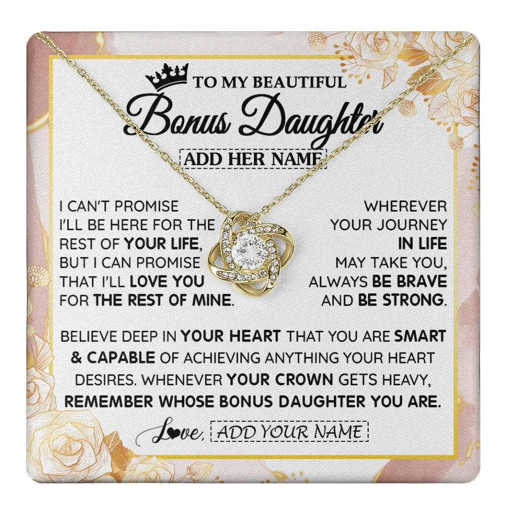 Love Knot Necklace 18K Yellow Gold Finish | 1 | Personalized To My Beautiful Bonus Daughter Gifts Necklace From Stepmom Stepdad Crown Jewelry Present On Birthday Stepdaughter Christmas Gift Box Message Card | https://teecentury.