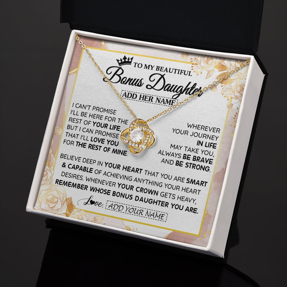 Love Knot Necklace 18K Yellow Gold Finish | 2 | Personalized To My Beautiful Bonus Daughter Gifts Necklace From Stepmom Stepdad Crown Jewelry Present On Birthday Stepdaughter Christmas Gift Box Message Card | https://teecentury.