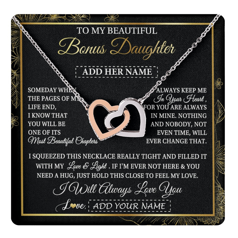 Interlocking Hearts Necklace Stainless Steel & Rose Gold Finish | 1 | Personalized To My Beautiful Bonus Daughter Gifts Necklace From Stepmom Stepdad Feel My Love For Adult Stepdaughter Christmas Graduation Gift Box Message Card | https://teecentury.