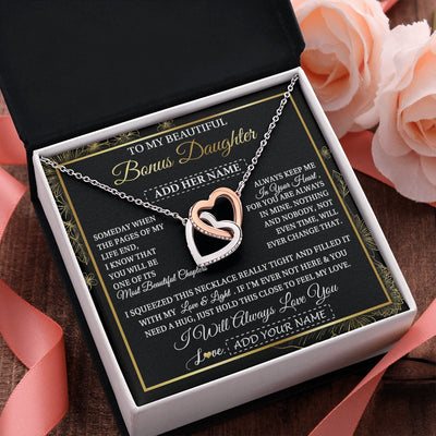 Interlocking Hearts Necklace Stainless Steel & Rose Gold Finish | 2 | Personalized To My Beautiful Bonus Daughter Gifts Necklace From Stepmom Stepdad Feel My Love For Adult Stepdaughter Christmas Graduation Gift Box Message Card | https://teecentury.