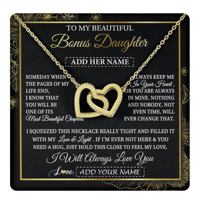 Interlocking Hearts Necklace 18K Yellow Gold Finish | 1 | Personalized To My Beautiful Bonus Daughter Gifts Necklace From Stepmom Stepdad Feel My Love For Adult Stepdaughter Christmas Graduation Gift Box Message Card | https://teecentury.