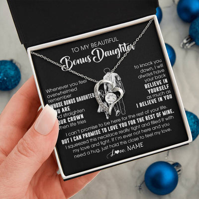 Forever Love Necklace 14K White Gold Finish | 2 | Personalized To My Beautiful Bonus Daughter Necklace From Step Dad Believe In Yourself Stepdaughter Birthday Gifts Jewelry Christmas Customized Message Card | teecentury