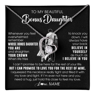 Forever Love Necklace 14K White Gold Finish | 1 | Personalized To My Beautiful Bonus Daughter Necklace From Step Dad Believe In Yourself Stepdaughter Birthday Gifts Jewelry Christmas Customized Message Card | teecentury