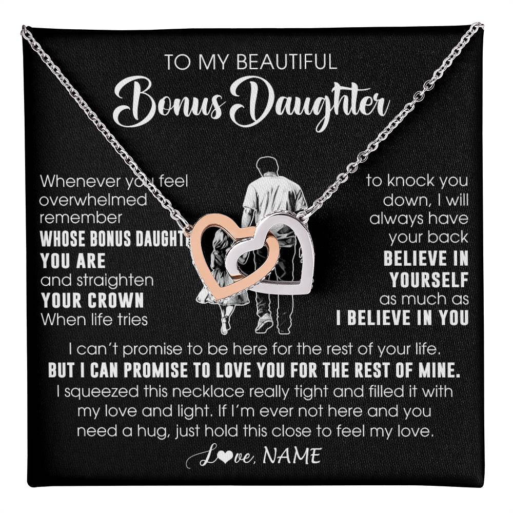 Interlocking Hearts Necklace Stainless Steel & Rose Gold Finish | 1 | Personalized To My Beautiful Bonus Daughter Necklace From Step Dad Believe In Yourself Stepdaughter Birthday Gifts Jewelry Christmas Customized Message Card | teecentury