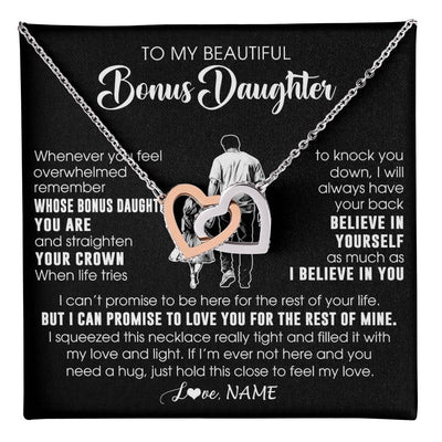 Interlocking Hearts Necklace Stainless Steel & Rose Gold Finish | 1 | Personalized To My Beautiful Bonus Daughter Necklace From Step Dad Believe In Yourself Stepdaughter Birthday Gifts Jewelry Christmas Customized Message Card | teecentury