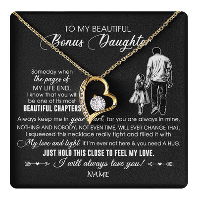 Forever Love Necklace 18K Yellow Gold Finish | 1 | Personalized To My Beautiful Bonus Daughter Necklace From Stepdad Always Love You Stepdaugher Birthday Graduation Christmas Customized Gift Box Message Card | teecentury