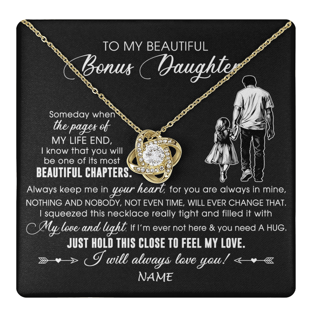 Love Knot Necklace 18K Yellow Gold Finish | 1 | Personalized To My Beautiful Bonus Daughter Necklace From Stepdad Always Love You Stepdaugher Birthday Graduation Christmas Customized Gift Box Message Card | teecentury