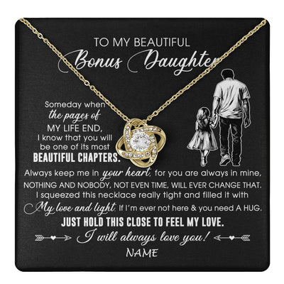 Love Knot Necklace 18K Yellow Gold Finish | 1 | Personalized To My Beautiful Bonus Daughter Necklace From Stepdad Always Love You Stepdaugher Birthday Graduation Christmas Customized Gift Box Message Card | teecentury