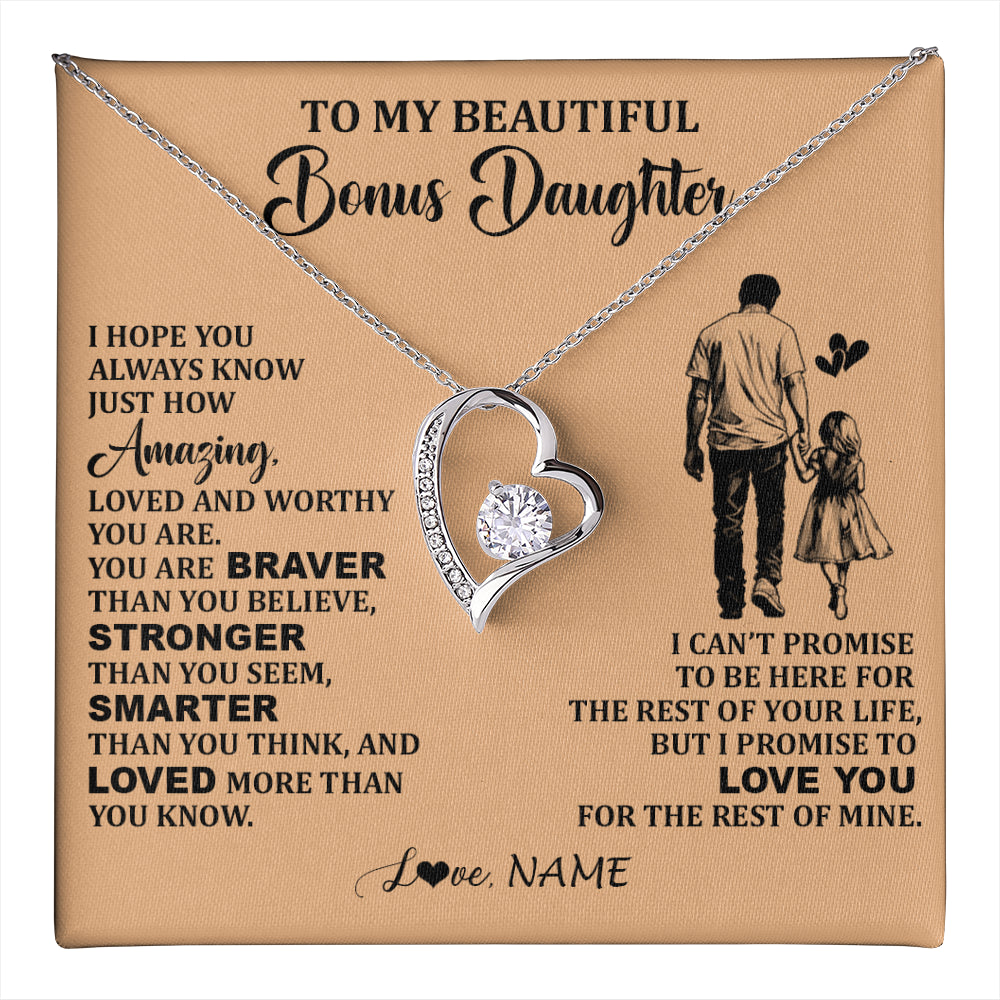Forever Love Necklace 14K White Gold Finish | 1 | Personalized To My Beautiful Bonus Daughter Necklace From Stepdad Promise To Love You Stepddaughter Birthday JewelryChristmas Customized Gift Box Message Card | teecentury