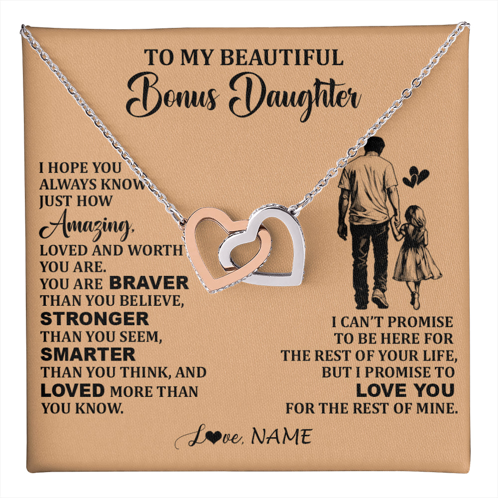 Interlocking Hearts Necklace Stainless Steel & Rose Gold Finish | 1 | Personalized To My Beautiful Bonus Daughter Necklace From Stepdad Promise To Love You Stepddaughter Birthday JewelryChristmas Customized Gift Box Message Card | teecentury