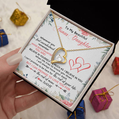 Forever Love Necklace 18K Yellow Gold Finish | 2 | Personalized To My Beautiful Bonus Daughter Necklace From Stepfather Believe In You Stepdaughter Birthday Christmas Jewelry Customized Gift Box Message Card | teecentury